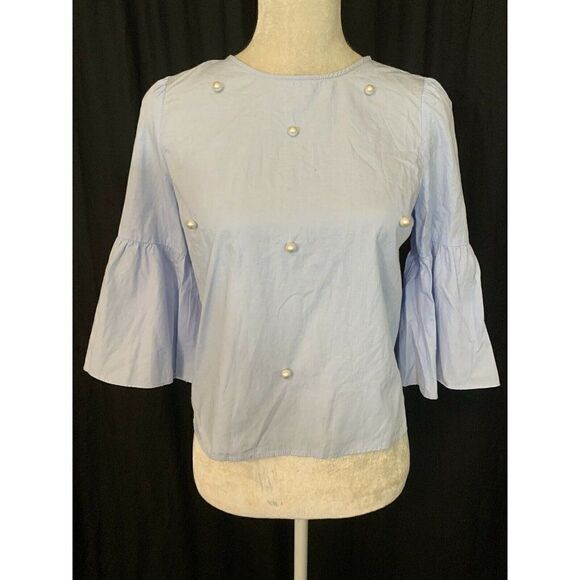 Zara Womens Blue White Pearl Long Sleeve Top Small - Picture 1 of 6